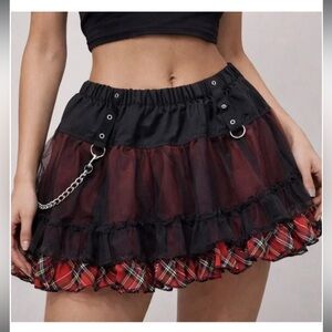 Y2K Goth Tripp NYC Plaid Layered Tutu Mini Skirt with Chain EUC